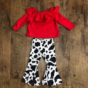Toddler Cowgirl Bell Bottoms Ruffle Shoulder Long Sleeve Outfit Cow Red Size XS